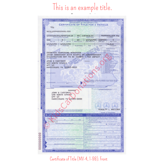 This is an Example of Pennsylvania Certificate of Title (MV-4, 1-98) Front View | Kids Car Donations